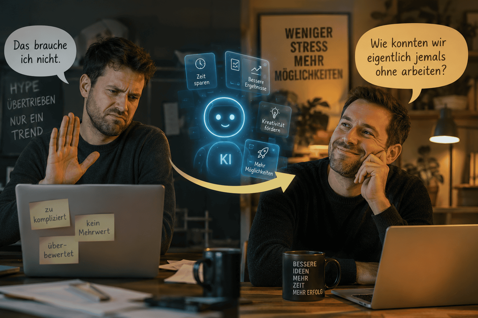 Zwei Männer diskutieren über KI und Arbeitsmethoden im modernen Büro.