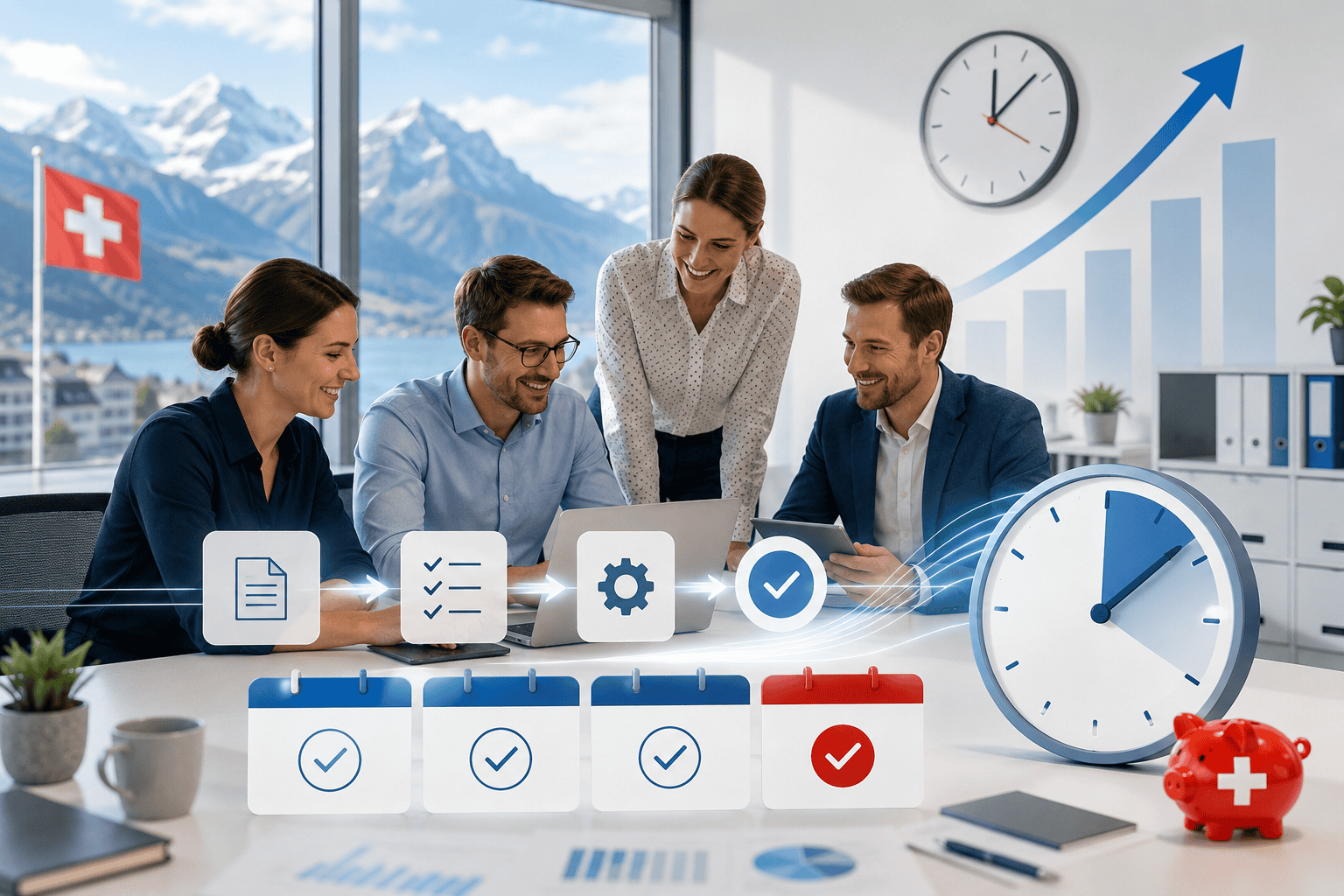 Geschäftsleute bei einem Meeting mit Zeit- und Produktivitätsdiagrammen.