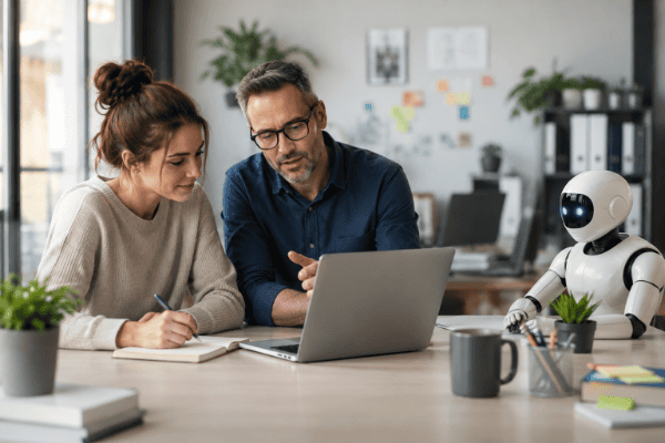 Mitarbeiter und Roboter arbeiten zusammen an einem Tisch im Büro.