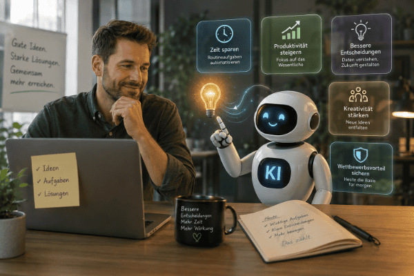Mensch und KI-Roboter arbeiten zusammen im Büro.